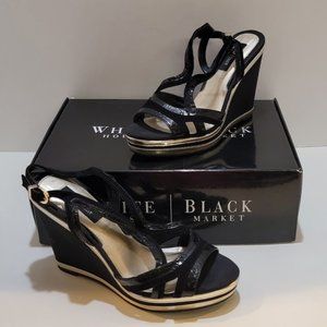 WHBM Renee Black Strappy Wedge Size 7.5